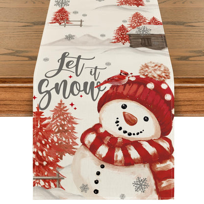 Artoid Mode Xmas Trees Let It Snow Red Snowman Christmas Table Runner, Seasonal Winter Holiday Kitchen Dining Table Decoration for Home Party Decor 13x72 Inch