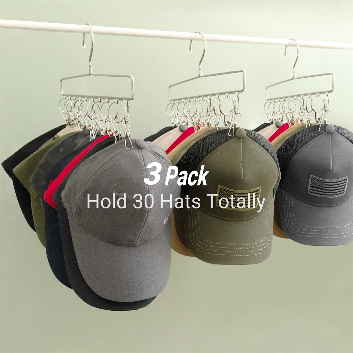 Mkono Hat Organizer Hanger for Closet Set of 3 Baseball Hat Organizer with 30 Stainless Steel Clips Hat Hook Rack for Baseball Caps, Silver Hat Holder for Closet Organizer, Fits All Caps, 3 Pieces