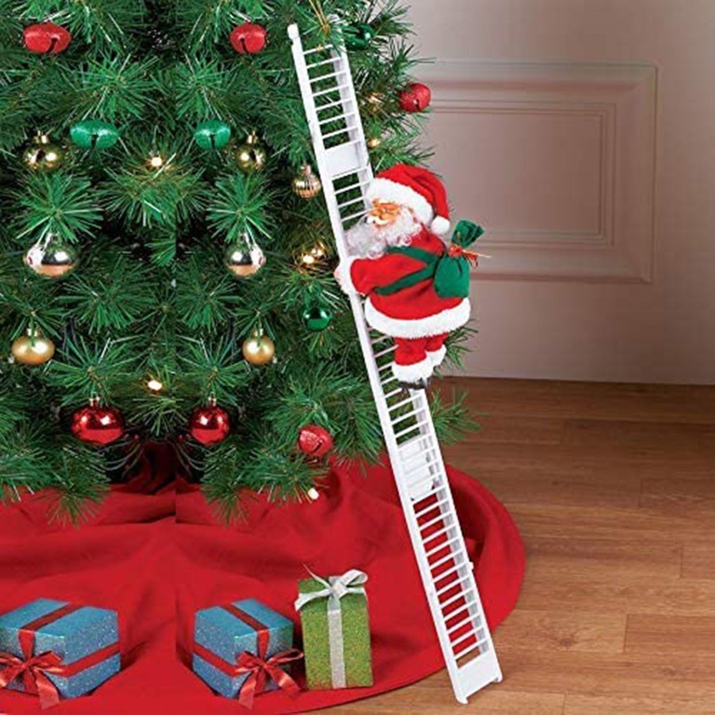QUAAM Electric Santa Claus Climbing Ladder, Santa Claus on Ladder with Music - Christmas Tree Hanging Ornaments (White)
