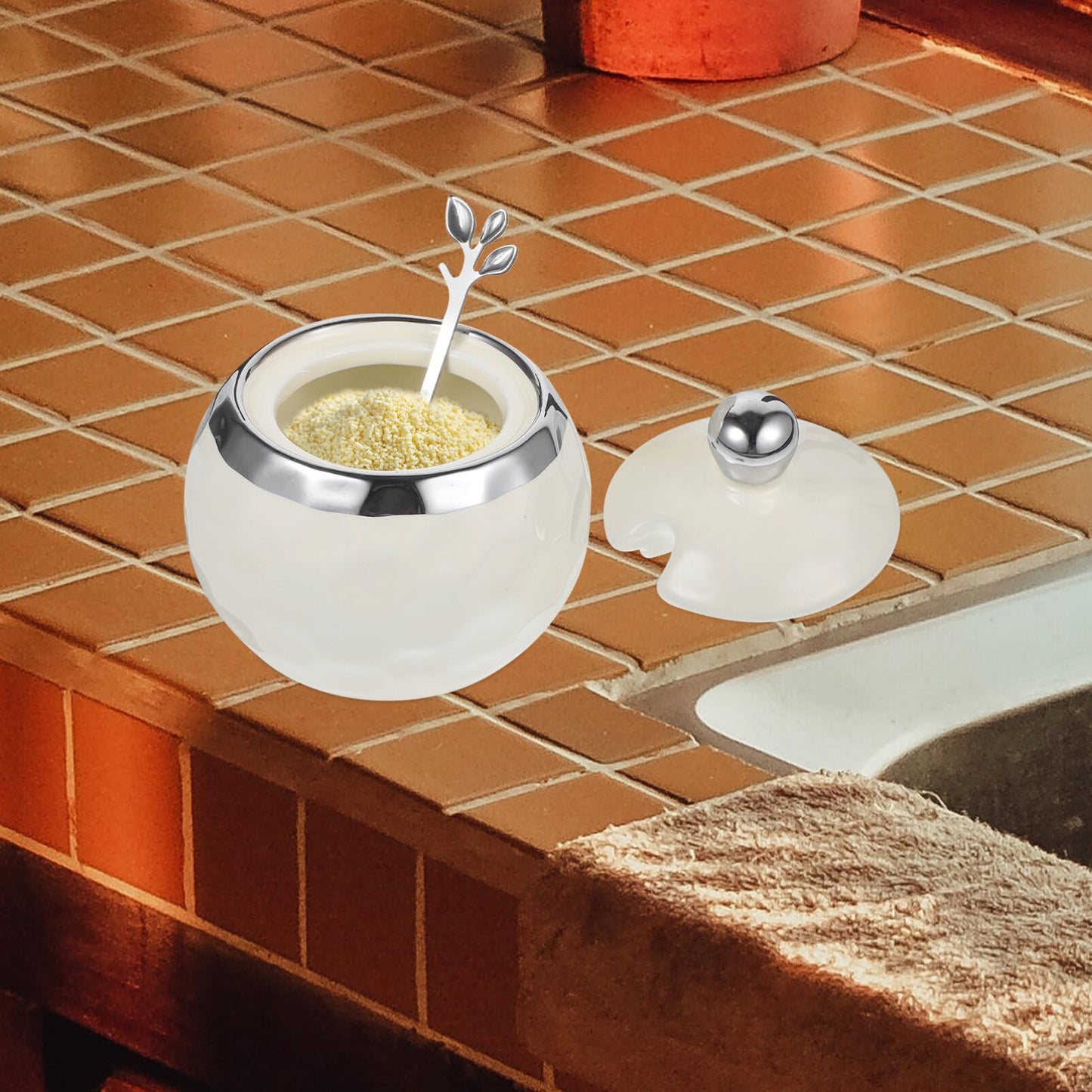 Kichvoe Porcelain Seasoning Jar with Lid and Spoon 3.74 Inch Ceramic Sugar Container Multifunctional Condiment Holder for Kitchen and Dining
