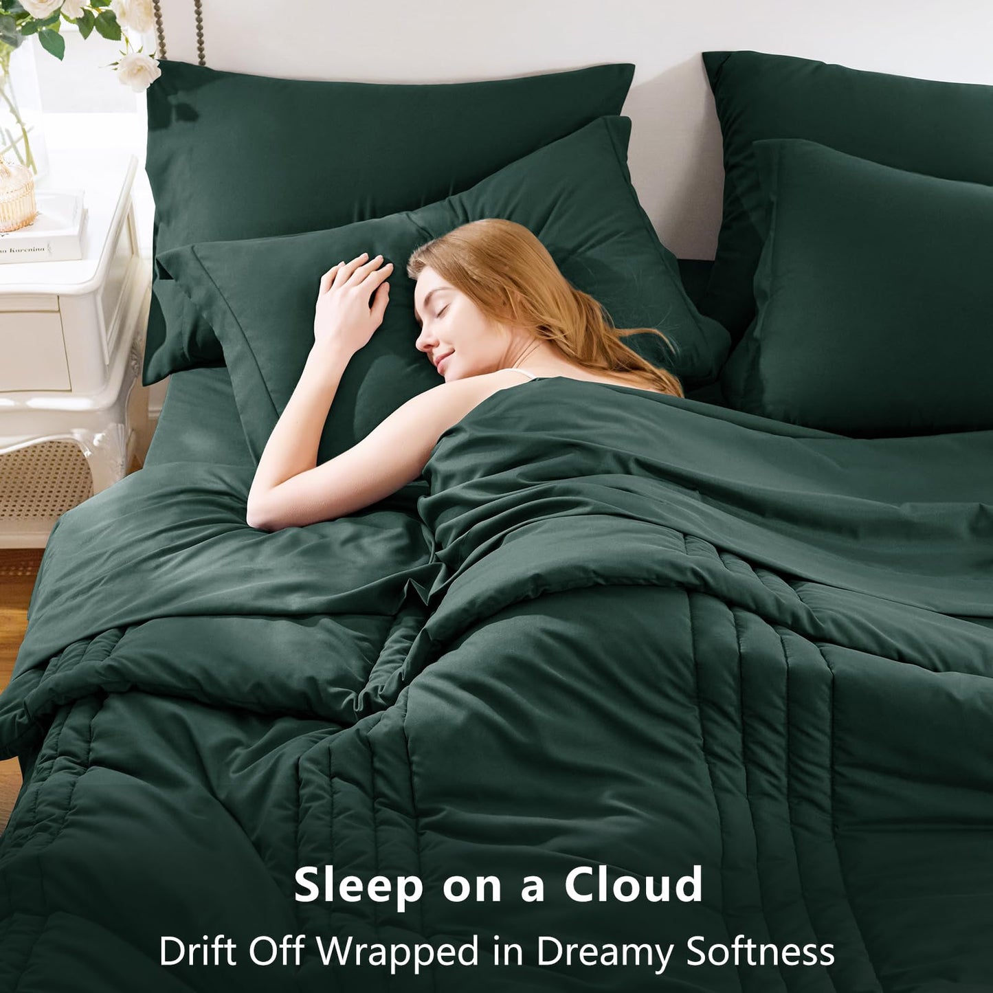 CozyLux King Size Comforter Set Forest Green - 7 Pieces Bed in a Bag, Modern Vertical Quilted Room Decor, Soft All-Season Bedding Gift with Comforter, Sheets, Pillowcases & Shams