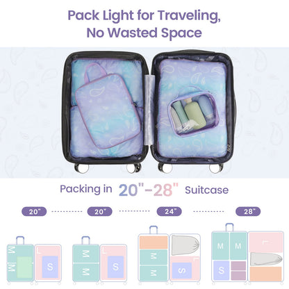 Cambond Compression Packing Cubes Travel - 5 Set Packing Cubes for Suitcases, Lightweight Expandable Luggage Organizers Space Saver Compression Cubes with Makeup Bag, White Blue Purple Gradient