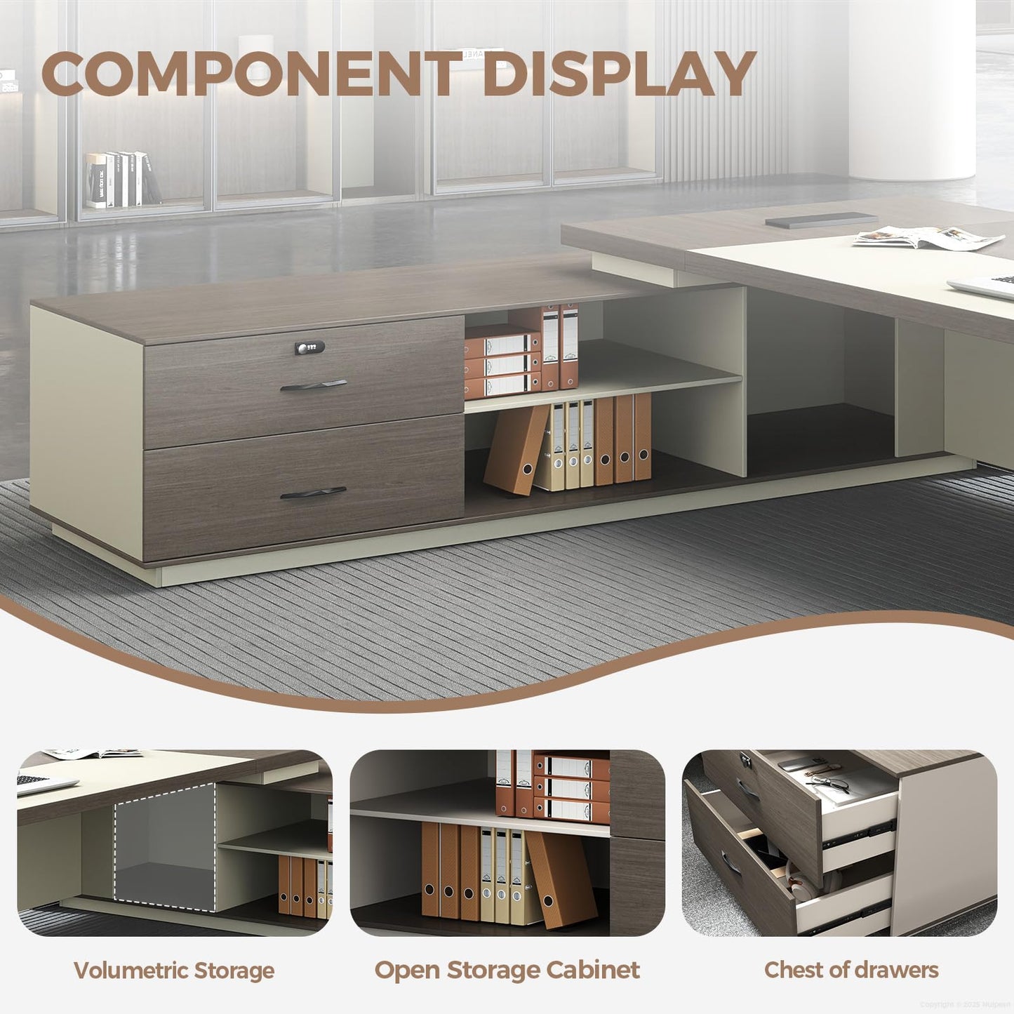 79-Inch L Shaped Executive Desk with Drawers, Large Modern Office Desk with Storage Shelves, LED Lighting, Built-in Power Outlet & USB Ports, Home Office Desk, Smoked Oak & Cream White, Left Return