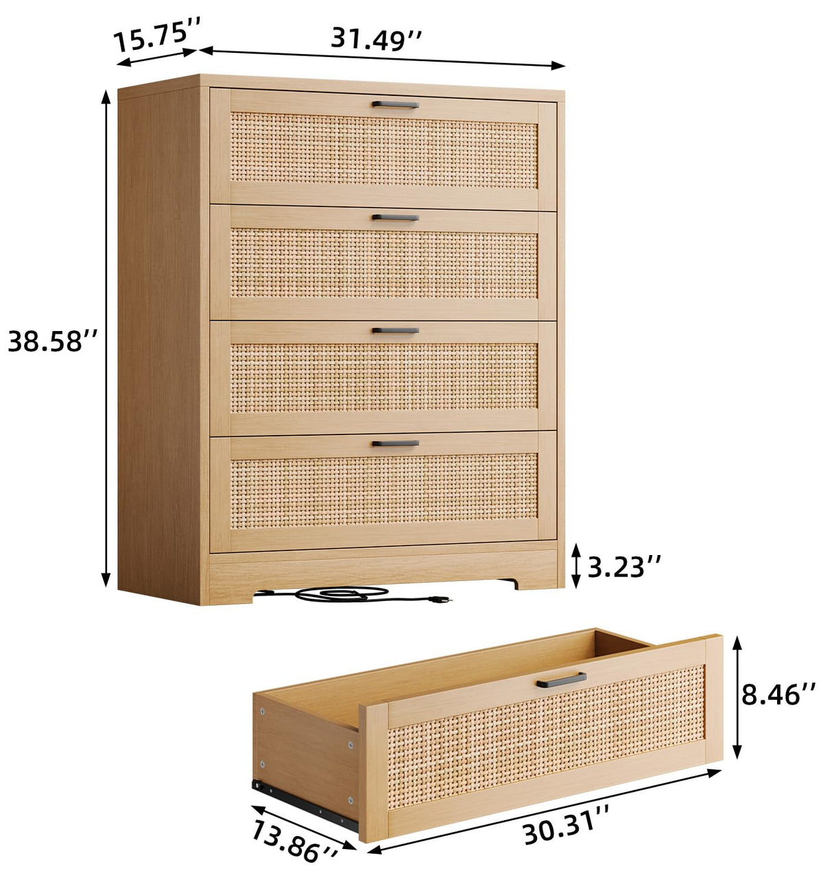 GarveeHome Rattan Dresser, Tall Chest of Drawers, Wood Dresser for Bedroom, Closet, Living Room, Hallway (Natural, 15.8" D x 31.5" W x 38.6" H (4 Rattan Drawers))