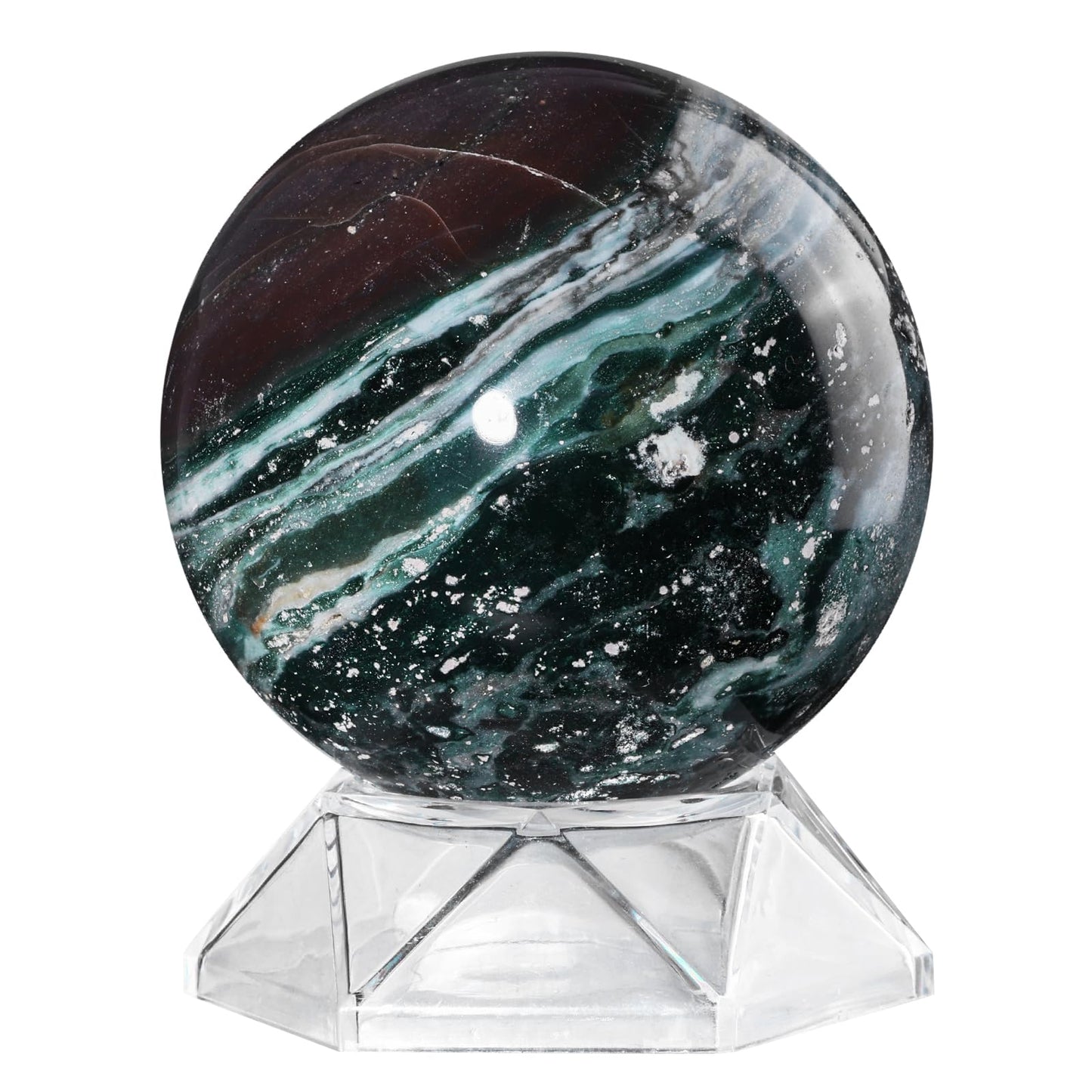 Sportmusies Natural Ocean Jasper Sphere and Acrylic Stand Home Office Decoration, Polished Stone Ball Reiki Healing Meditation, 2.79-3.14 inches