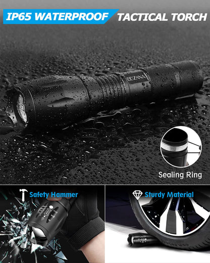 LED Torch Rechargeable Torches Super Bright 2000L Battery Powered Powerful Flashlight L2 CREE Adjustable Focus 5 Modes IP65 Waterproof Outdoor Handheld Pocket Flash Light for Camping Hiking Emergency