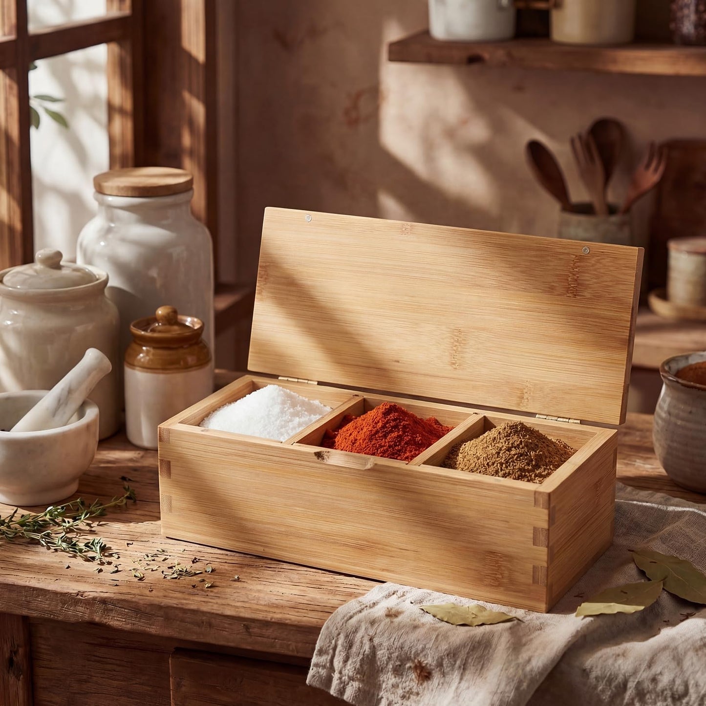 Yiyiring Bamboo Salt Cellar Spice Box with Magnetic Lid 29oz Large Capacity Salt Organizer 3 Compartments for Kitchen Countertop, Pepper, Seasonings, Spices, Grilling & Cooking