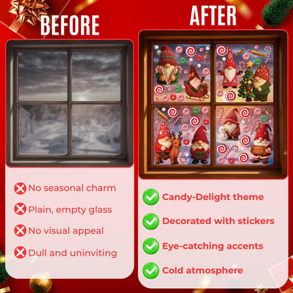 WALPLUS Christmas Window Clings Decorations Double-Sided Reusable Peel and Stick Removable for Glass Living Room Nursery Room Home Office Holiday Gnomies and Candy Delights 186 Pieces