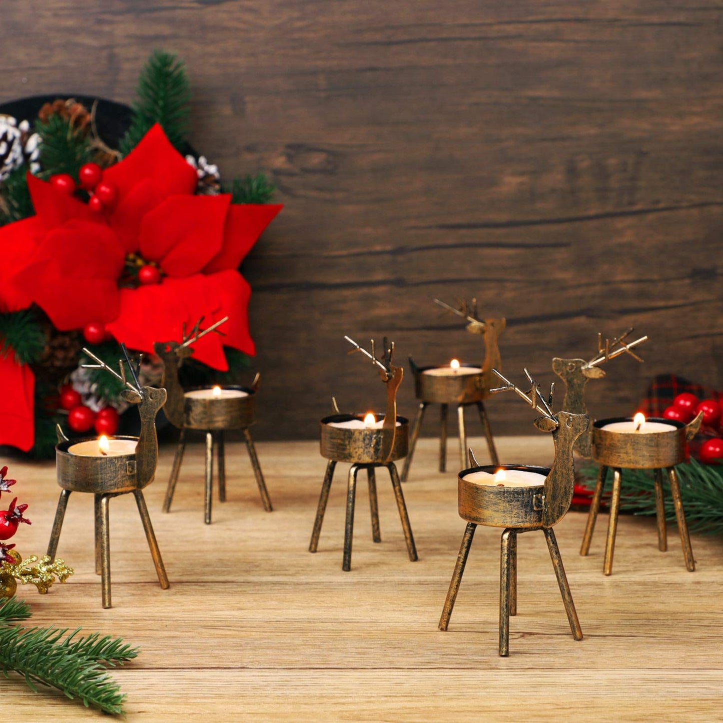 Juegoal Reindeer Tealight Candle Holders, Set of 6 Christmas Decorations Standing Iron Metal with Rustic Bronze Finish, Durable and Rust-Proof Candlestick Holiday Tabletop Centerpiece and Display