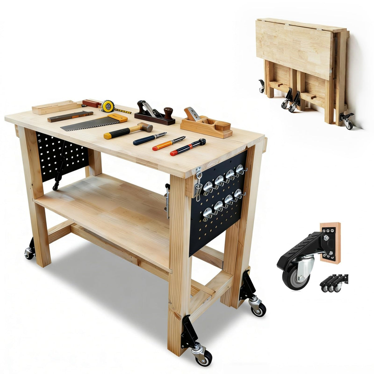 60" Heavy Duty Foldable Workbench with Transformable Wheels and Tool Storage Shelf, Max Load 2500 LBS, Rubber Wood Work Bench for Garage, Woodworking Table with Pegboard