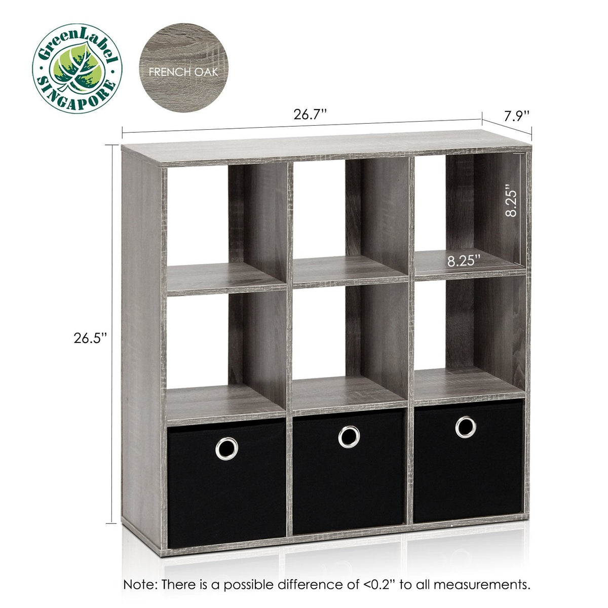 Furinno Simplistic 9-Cube Organizer with Bins, Small Size (Assembled unit dimensions : 7.9"D x 26.5"W x 26.7"H inches), French Oak/Black