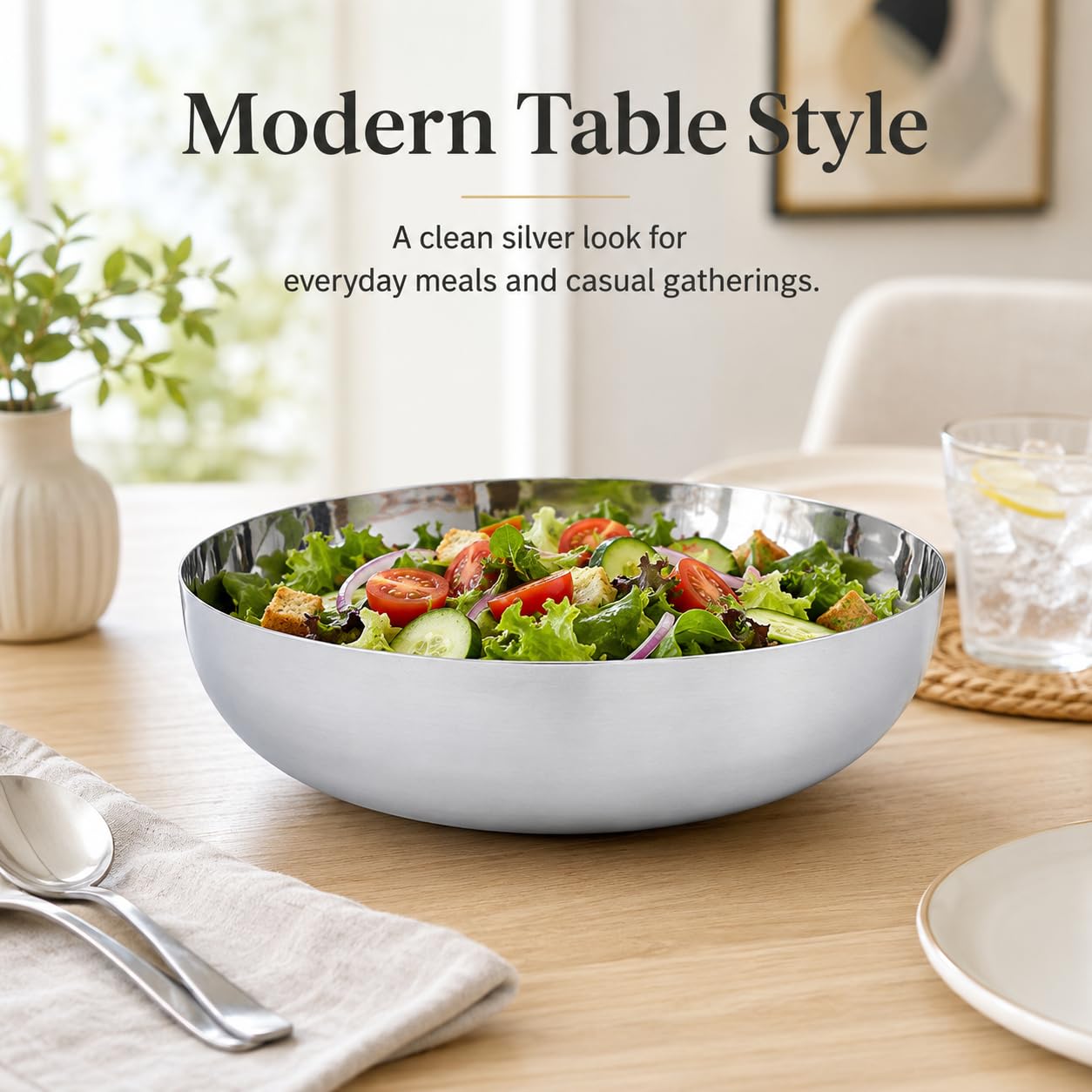 IMIKEYA Stainless Steel Serving Bowl 9.5 Inch Round Food Mixing Bowl for Salad Fruit Soup Pasta Ramen Basin Kitchen Accessory Home Decor