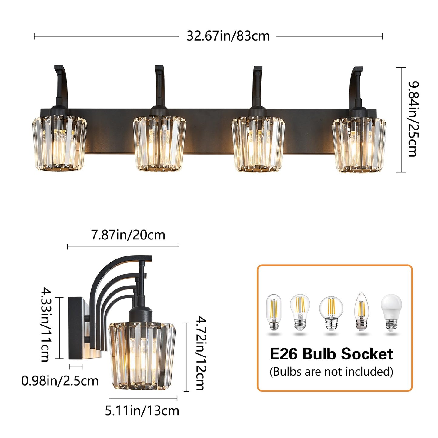 FDPBY Modern Bathroom Vanity Light, 4-Light Black Wall Sconce with Crystal Accents, Over Mirror Bathroom Lighting Fixture, 32.67" Long Dimmable Vanity Lamp for Makeup, Easy Installation