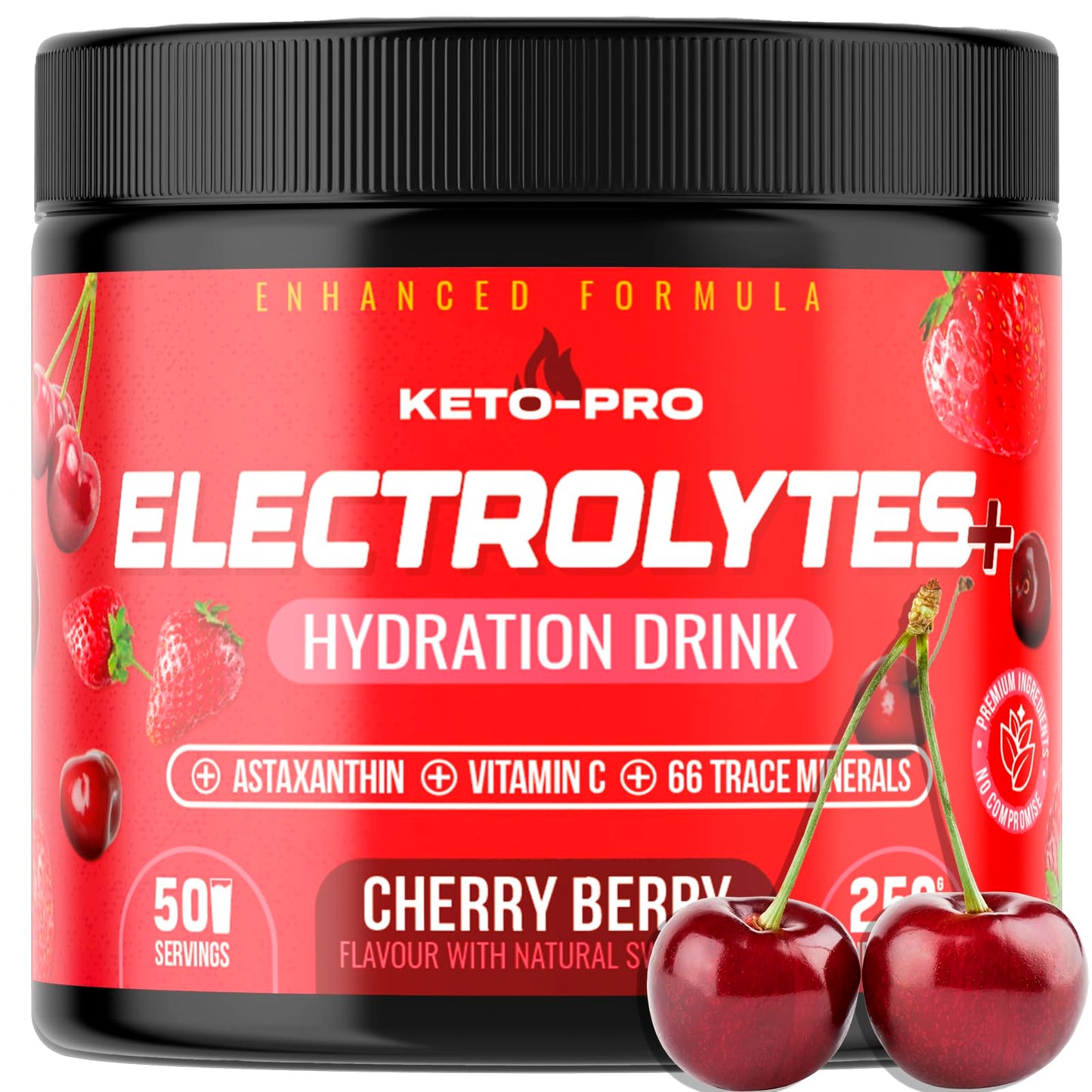 Keto-Pro Keto Electrolytes 250g | Keeping You Electric | Electrolyte Powder & Salts with Astaxanthin | Supporting Fasting, Health & Fitness Goals | Cherry Berry Flavour