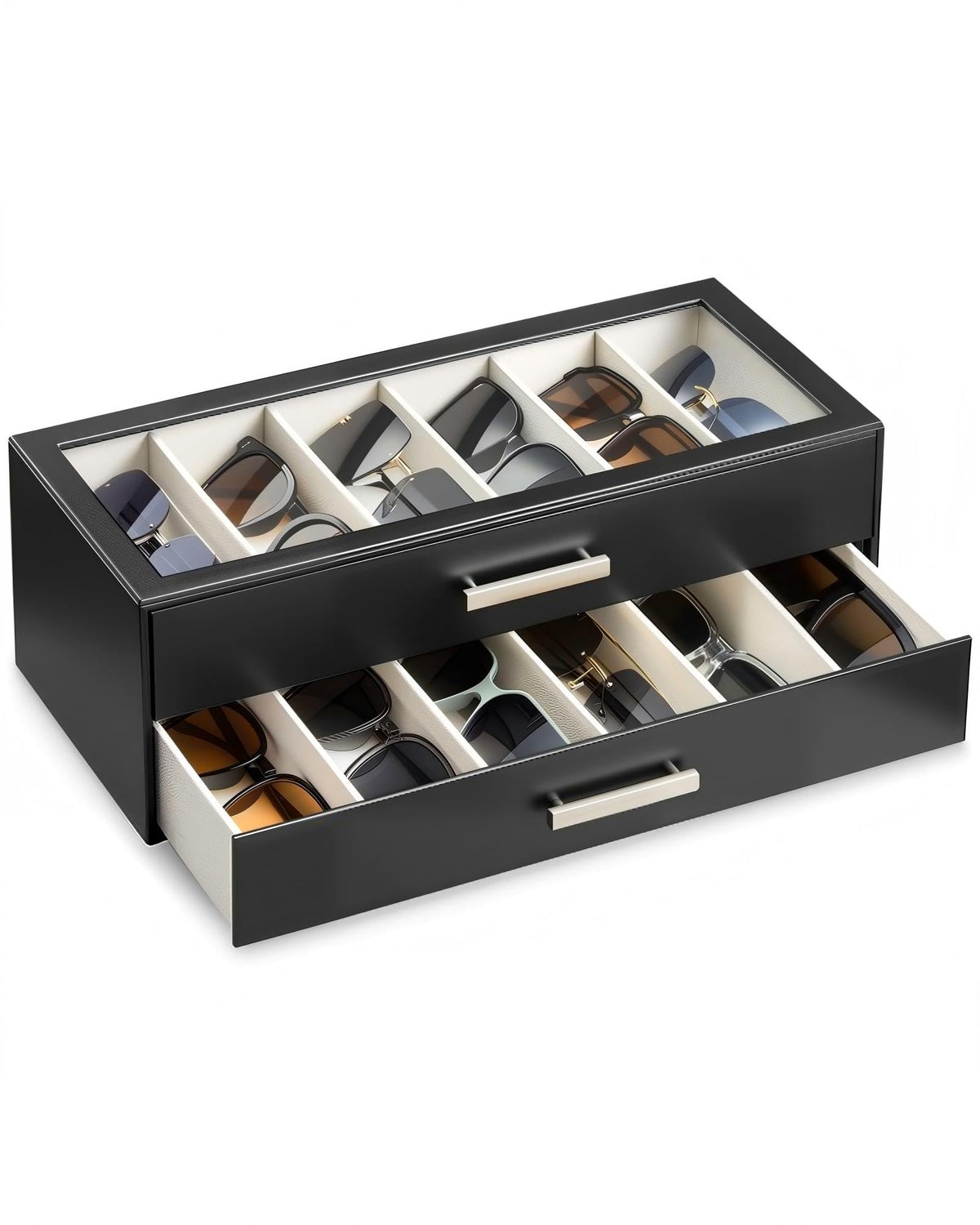 ProCase 12 Slots Sunglasses Organizer, 2-Layer Eyeglass Holder with Clear Glass Lid, PU Leather Glasses Storage Display Case for Men Women -Black