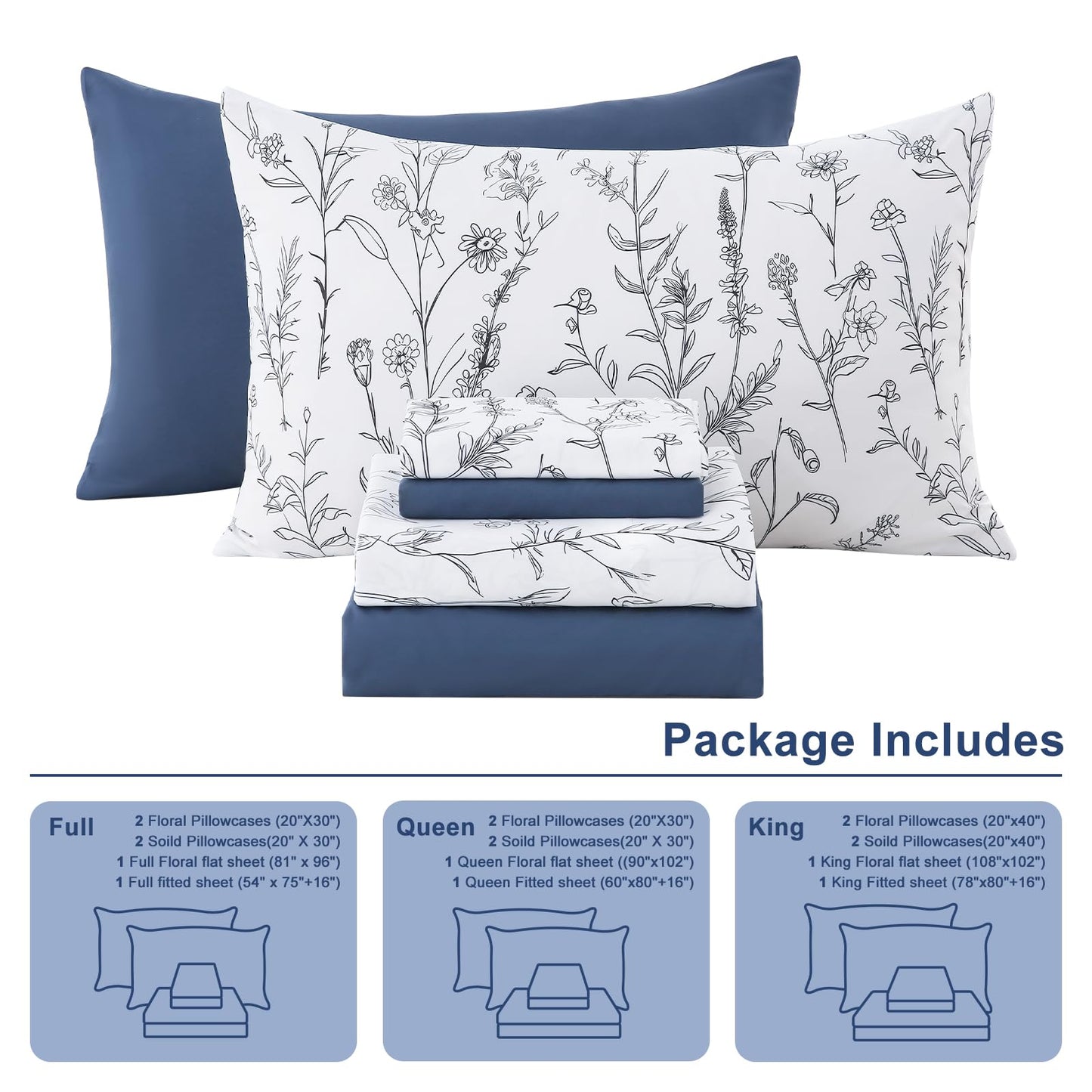 Swiftify Botanical King Size Sheets Set 6-Piece, Boho Floral Brushed Microfiber Sheets, Cooling Bed Sheet Set, Soft & Breathable, 16' Deep Pocket Fitted Sheet & Pillowcase Set, Sketch Meadow