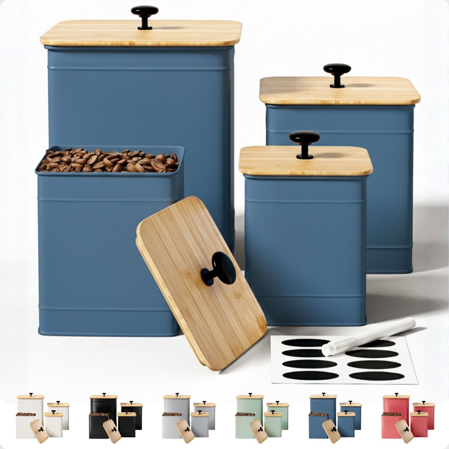 Kitchen Canisters for Countertop Set of 4 with Customizable Chalkboard Labels & Marker Pen - Big Iron Kitchen Canister Set with Airtight Lids - Blue Canisters - Sugar Tea Coffee Containers Sets