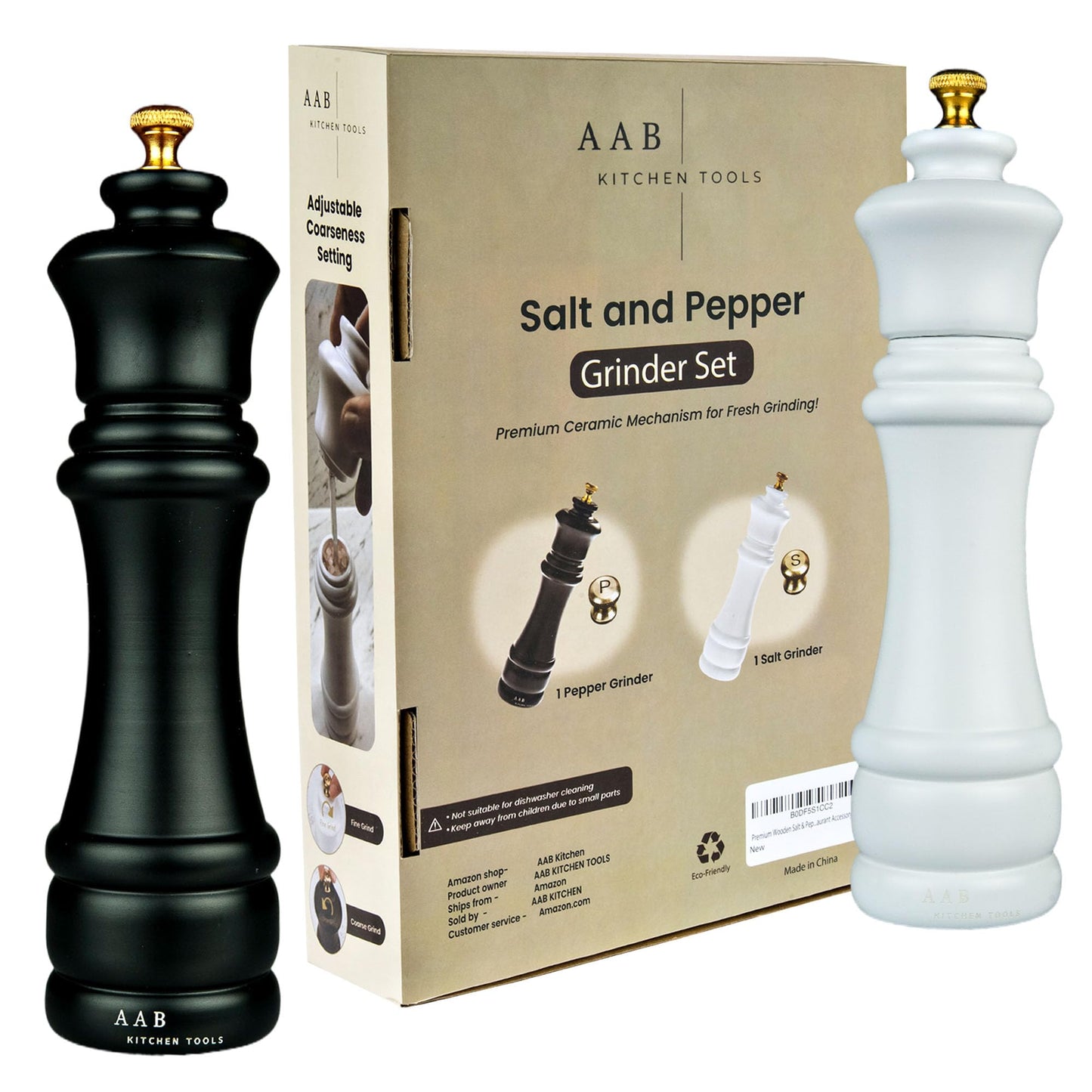 AAB Kitchen Tools Wooden Black and White Manual Refillable Large Salt and Pepper Grinder Set, Shaker with Adjustable Ceramic Grinding Mechanism for Customized Coarseness, 8 Inches, Pack of 2