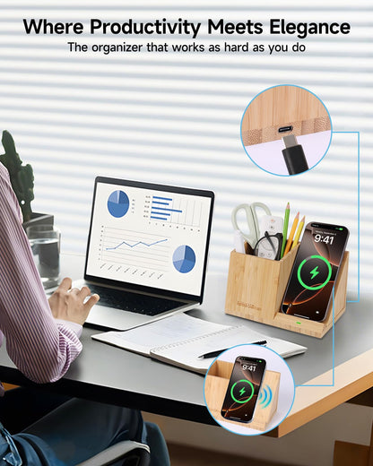 Bamboo Pen Holder for Desk & Nightstand Organizer with Fast Wireless Charging for iPhone, Samsung & More – Office Desk Accessories for Men/Women (Bamboo)