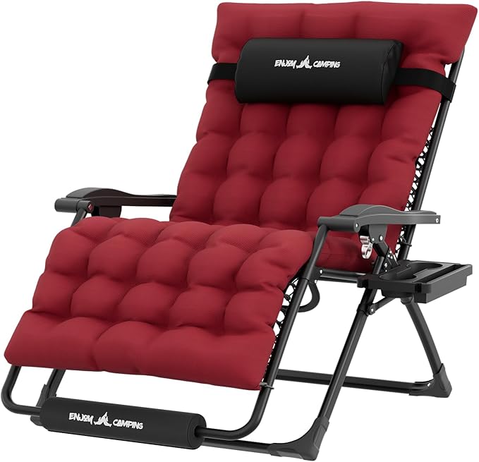 UDPATIO Oversized Zero Gravity Chair, 33In XXL Patio Reclining Chair with Cushion, Outdoor Folding Recliner with Pillows|Cup Holder|Foot Rest|Padded Headrest, Burgundy, Support 500LB