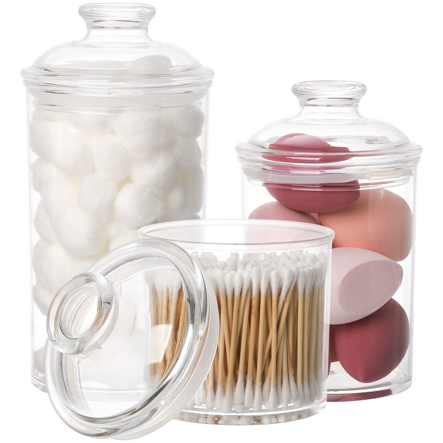 Lyellfe Set of 3 Acrylic Apothecary Jars, Vanity Organizer Canister with Airtight Lids, Bathroom Cotton Swab Holder, Clear Storage Jar for Candy, Bath Salt, Cotton Ball, 34 oz, 25 oz, 17 oz