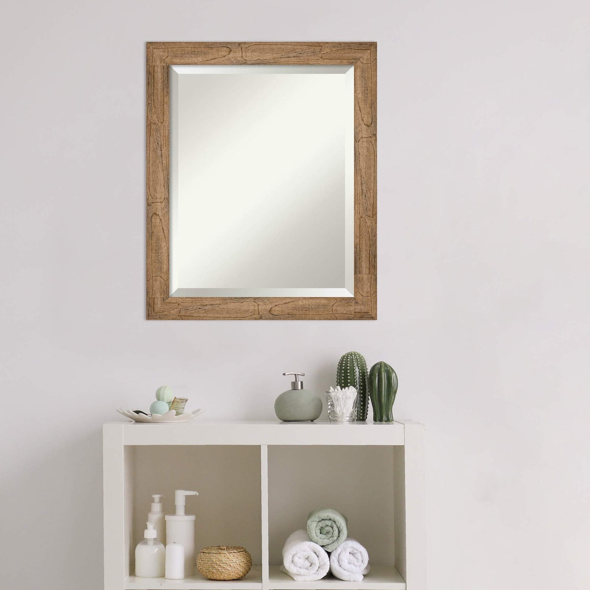 Amanti Art Brown Bathroom Mirror for Over Sink, 24x20 Owl Brown Narrow Rectangle Vanity Mirror, Small Rustic Farmhouse Wood Frame, Hangs Horizonally and Vertically, Bathroom Wall Decor, Beveled Edge