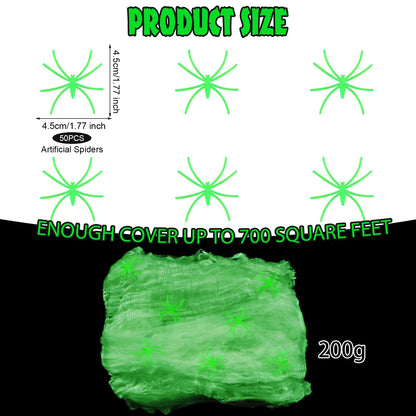 DERAYEE Halloween Glow in The Dark Spider Web Decorations, 700sqft Super Stretch Fake Cobwebs with 50 Plastic Spiders for Halloween Party Indoor Outdoor Supplies (200g)