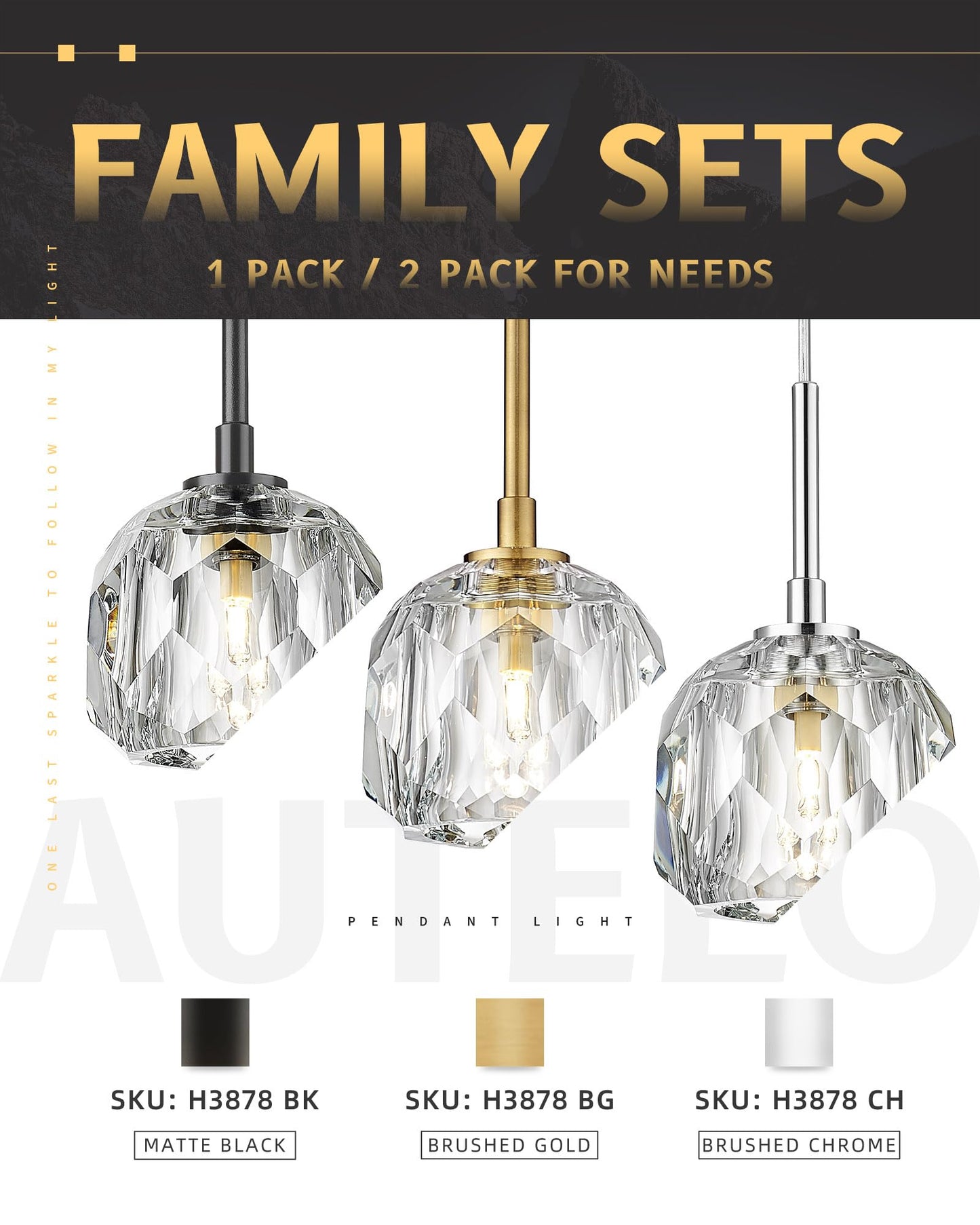 AUTELO 2 Pack Modern Pendant Lights, 1-Light Pendant Light Fixtures in Chrome Metal Finish, Small Crystal Pendant Lights Kitchen Island for Kitchen Island, Dining Room, Bedroom, H3878 CH-2PK-NR