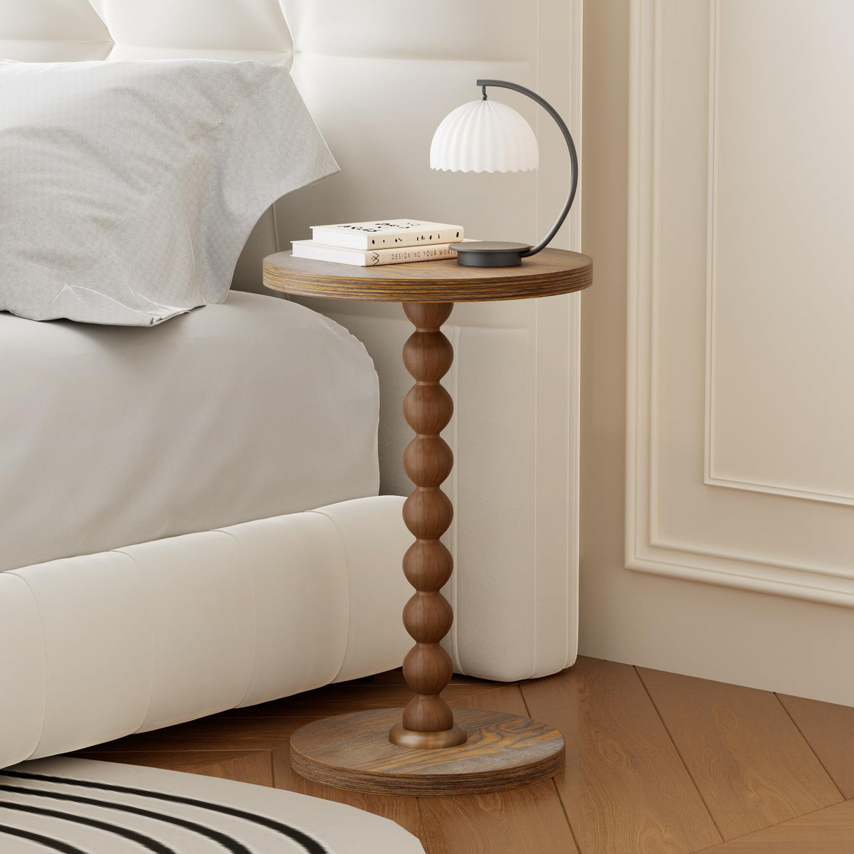 TEROL Round Side Table, Drink Table for Small Spaces, Modern Accent Nightstand with Rubberwood Leg for Living Room, Bedroom, Corners, and Office (Brown)
