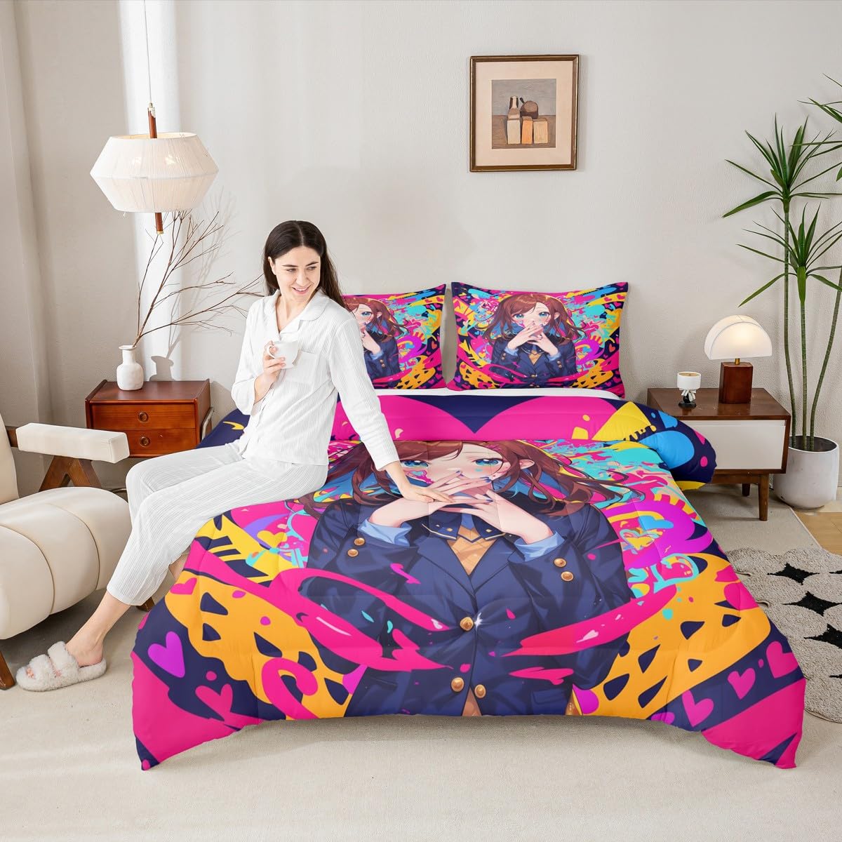 Erosebridal Anime Girl Full Bedding Set, Japanese Anime Comforter Set 3 Piece for Kids Girls Teens Adult Bedroom Decor, Cartoon Girl Quilt Kawaii Japanese Animation Bedding Comforter Sets