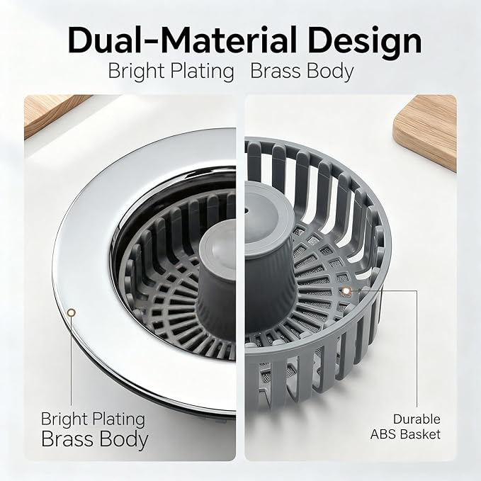 Solid Brass Body 3-in-1 Kitchen Sink Drain Strainer & Stopper, Heavy Duty Pop