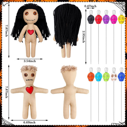 Jenaai 12 Pcs Voodoo Doll Set Include 2 Pcs Creepy Dolls with 10 Pcs Skull Pins Soft Halloween Scary 7.87 Inch Creepy Voodoo with Pins for Halloween Ornaments Fidget Toys Stress Relieving