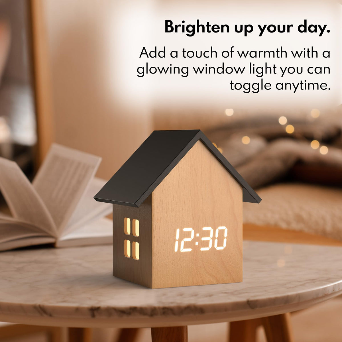 Driini Digital House-Shaped Alarm Clock with Temperature Display (Light Wood) – Modern Aesthetic - Cute Cube Frame and White LED Dimmer - Perfect Small Desk Clock for Bedside Table or Bedroom Mantle