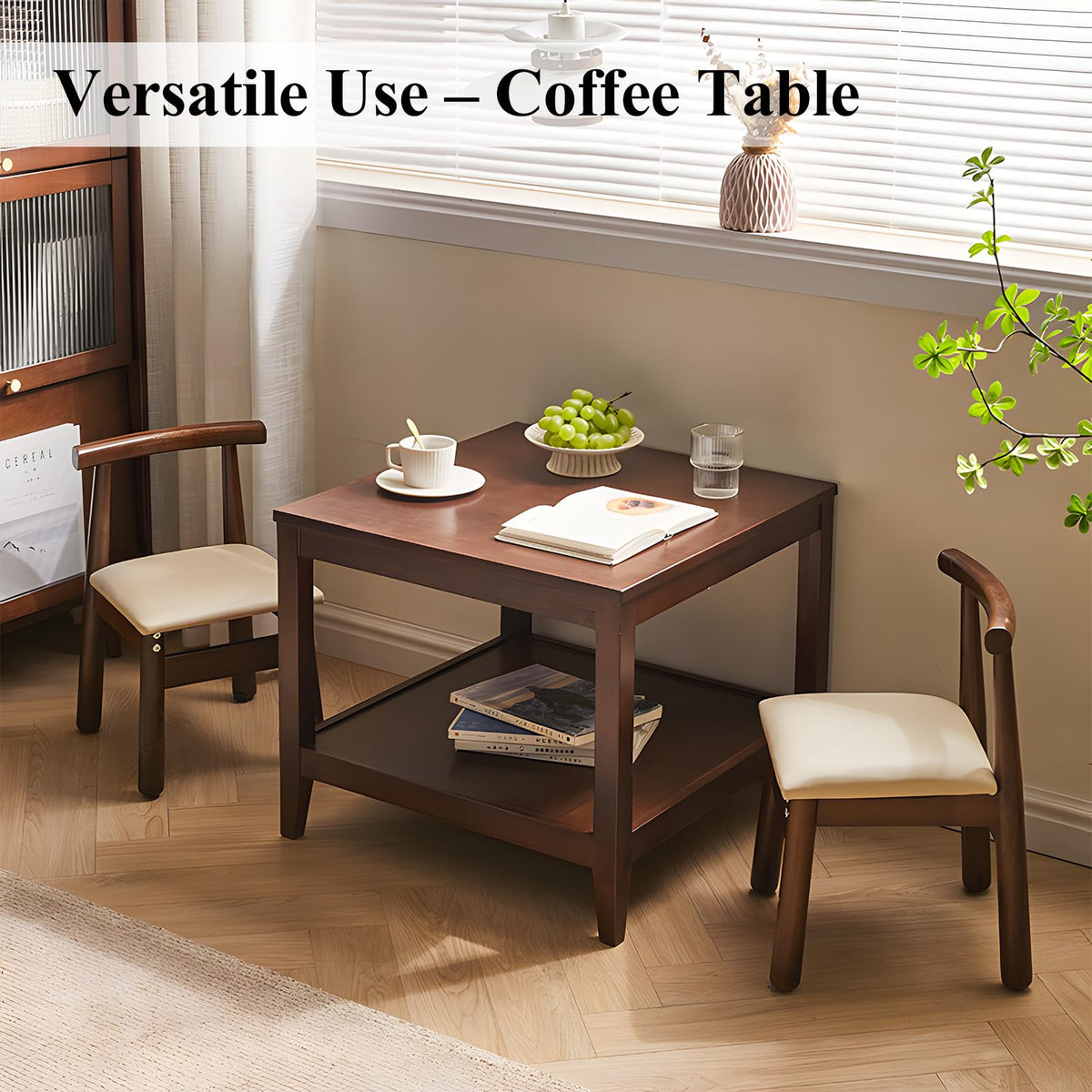 Cttasty Side Table, Solid Wood Square End Table with Storage Shelf, 2-Tier Coffee Table for Living Room, Rubber Wood Small Sofa Table, Nightstand 23.62 H x 23.62 W x 23.62 D Inches (Walnut)