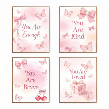 SJUDHHG Dorm Room Decor for Girls, Pink Bow & Cherry Posters, Aesthetic Prints, Ideal Birthday Graduation Gift for Girls, Cute Wall Art for College Apartment Bedroom Living Room Dorm, 8 x 10 inch Set of 4 (Unframed)
