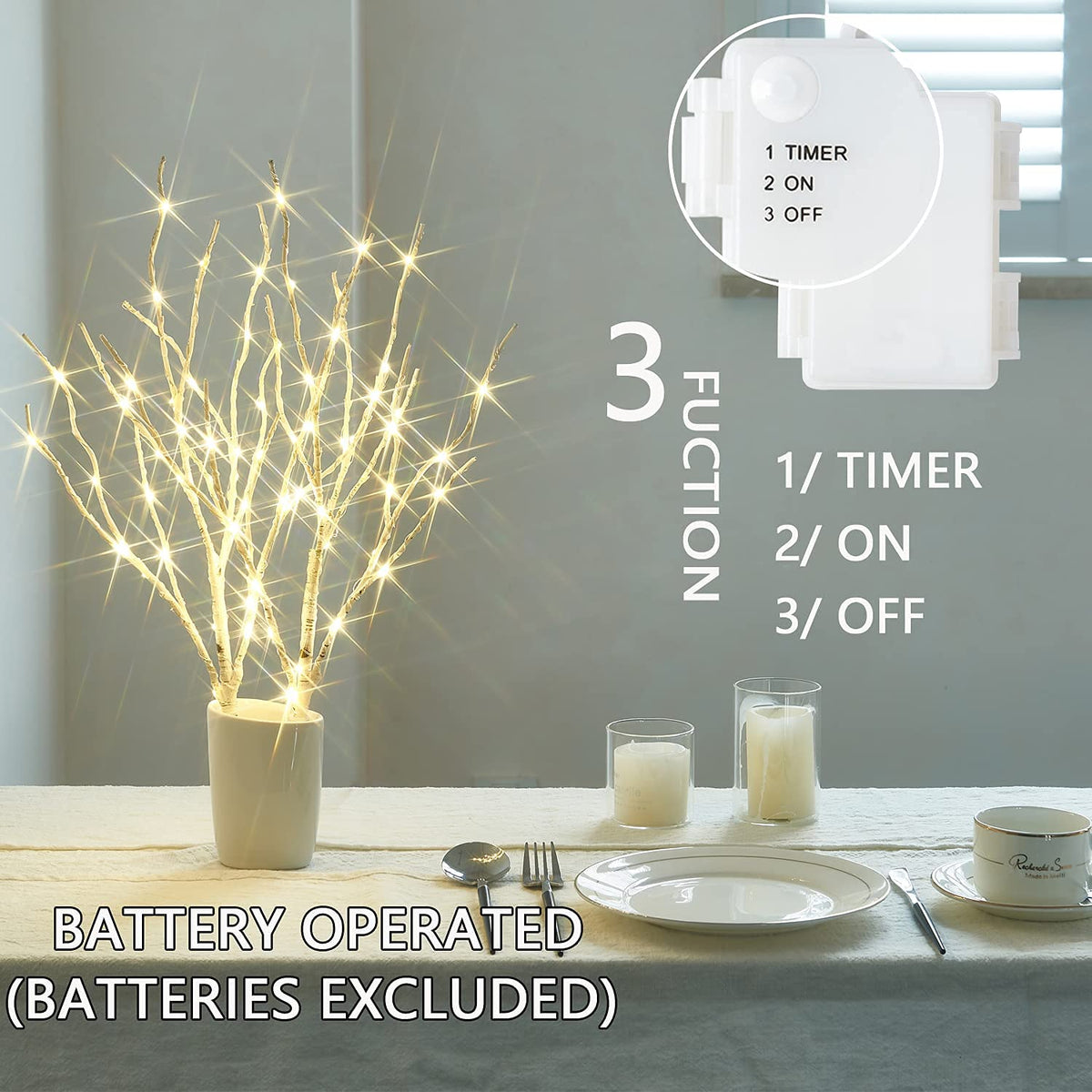 Fudios Lighted Birch Branches 18IN 70 White Willow LED with Timer Battery Operated for Christmas Party Wedding Decoration Twig Lights Outdoor