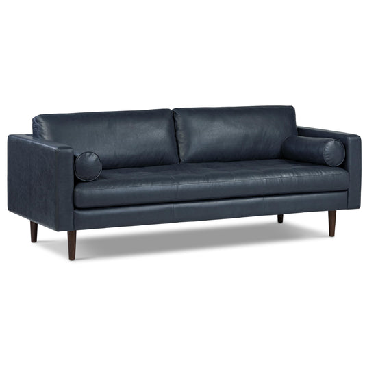 Poly & BARK Napa 88.5" Leather Sofa – Full-Grain Italian-Tanned Aniline Leather, Feather-Down Comfort, Solid Wood Frame, Walnut Legs, Midnight Blue