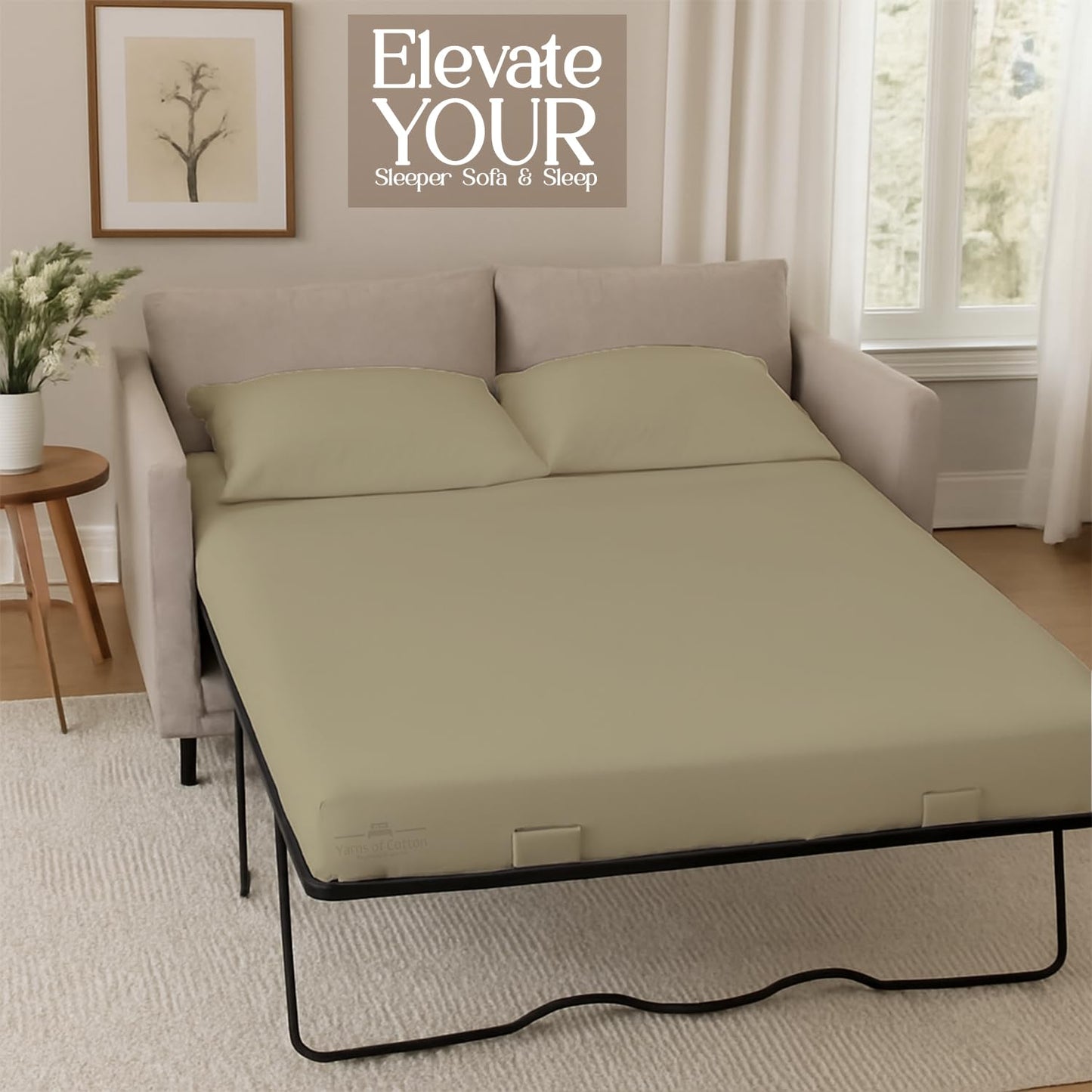Sleeper Sofa Bed Sheet, 100% Cotton 400 Thread Count, 4 Piece Set, Deep Pocket Fitted Sheet, Soft Wrinkle Free & Breathable, Luxury Hotel Quality, Fits Up to 6 Inch Mattress (Full, Beige)