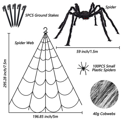 Halloween Decorations - 295" Halloween Spider Web Decorations Outdoor + 59" Giant Fake Spider with Triangular Huge Spiders Web - Scary Decor Clearance for Yard, Patio, Garden, Haunted House Décor