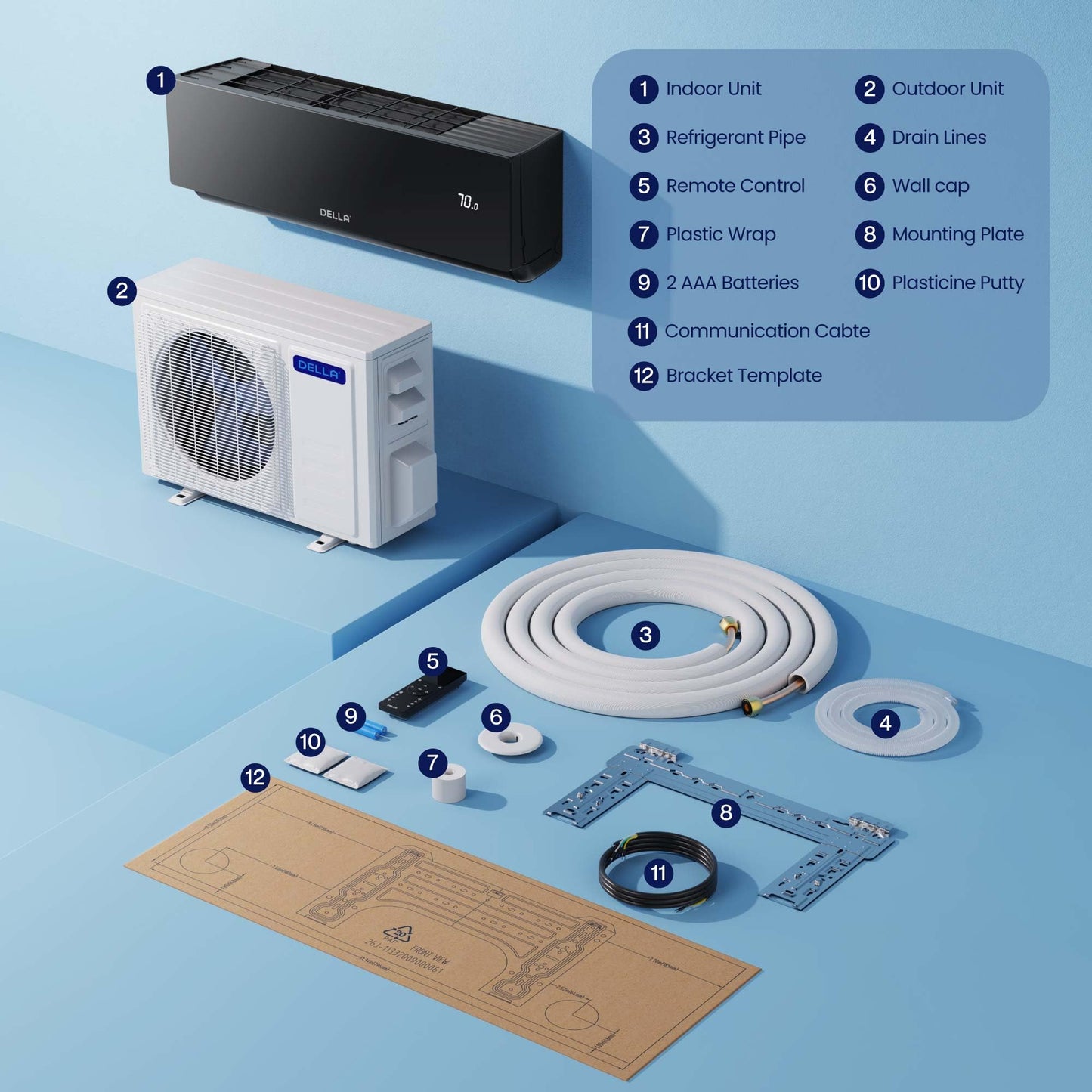DELLA Umbra 12000 BTU Mini Split Air Conditioner, 20 SEER2 115V, Energy Efficient, Cools Up to 550 Sq.Ft, 1 Ton Heat Pump, Work with Alexa and Wifi, Ductless Inverter System, Pre-Charged, 16.4ft Kit