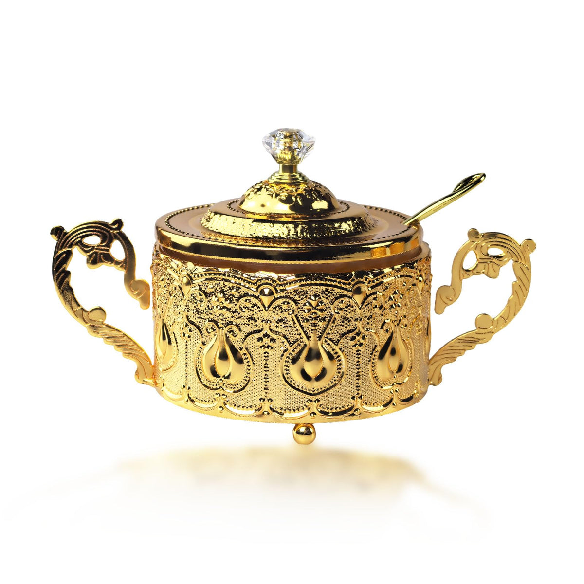 Flylin Sugar Bowl, Turkish Sugar Bowl with Lid and Spoon for Candy Cookie Honey, Golden Vintage Glass Seasoning Jar for Home and Kitchen Coffee Bar (6)
