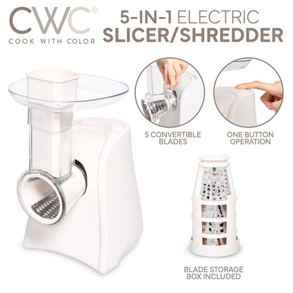 COOK WITH COLOR 5-in-1 Electric Slicer, 150W Food Prep Machine – Cheese Shredder, Fine & Coarse Graters, Potato Grater, Vegetable Slicer, Fruit, Salad Shooter, Compact Design For Bowl Prep, Blush