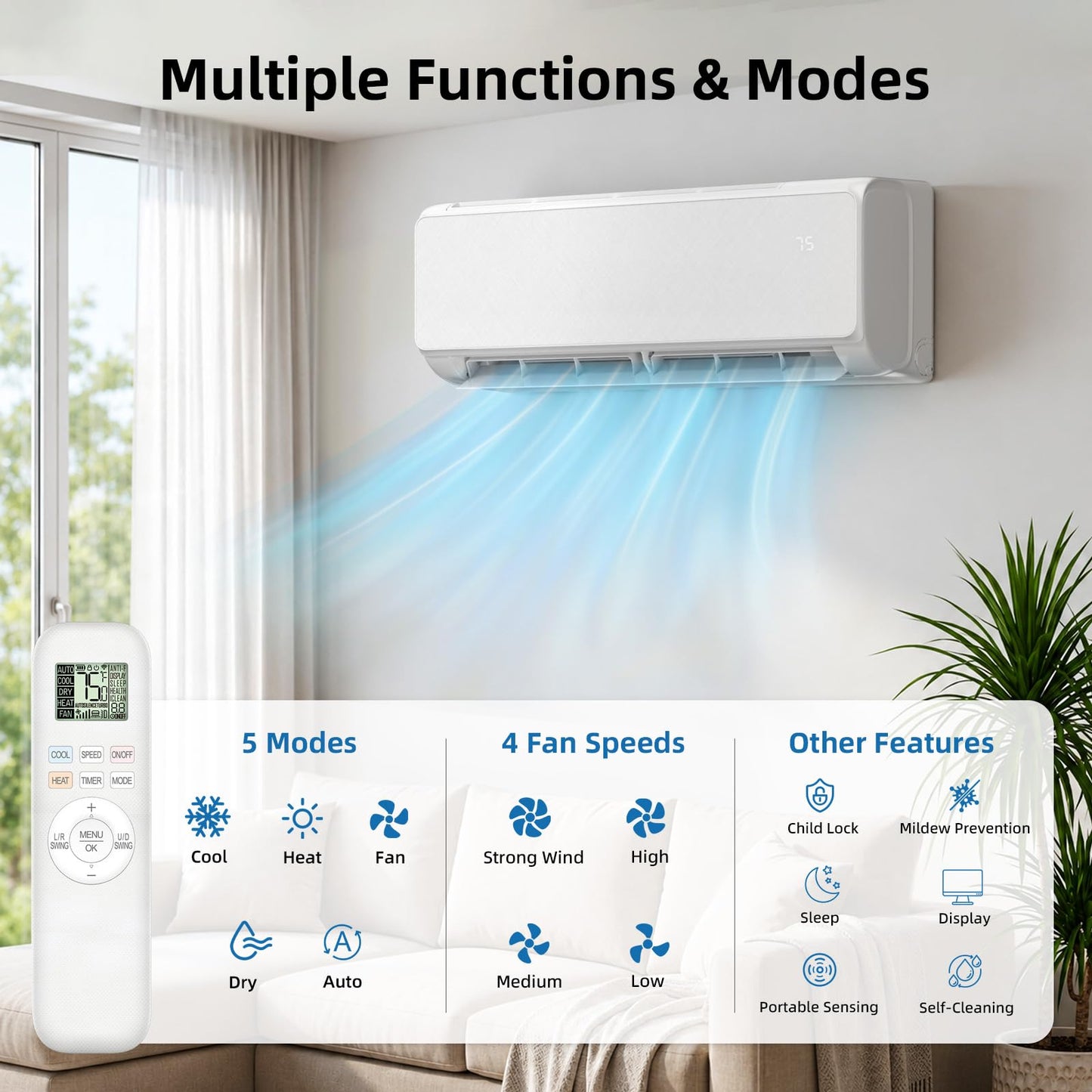 Antarctic Star 9000 BTU Mini Split AC/Heating System, 19 SEER2 Energy Efficient Mini Split Air Conditioner with Heat Pump, Low Noise, Wall Mount AC Unit, Cools Up to 450 Sq.Ft, 115V for Home Bedroom