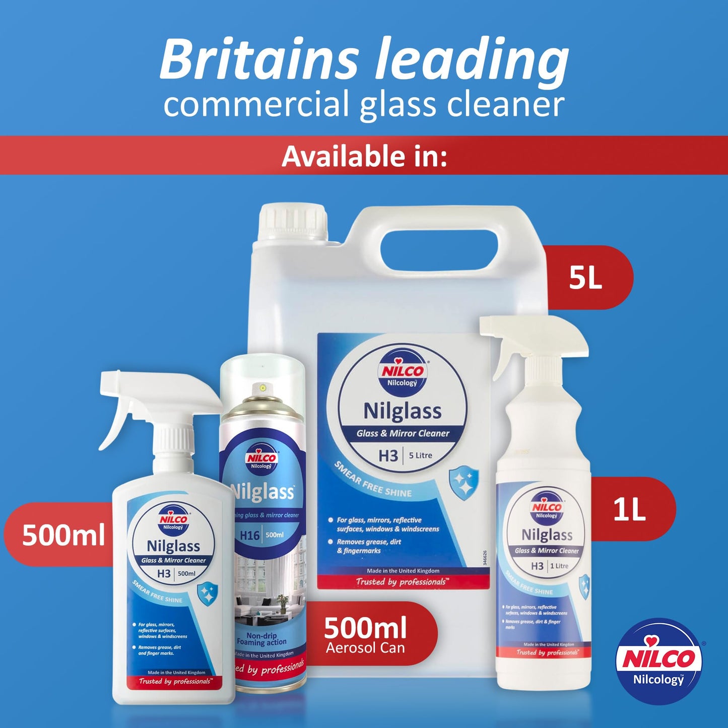 Nilco Set of 2 Nilglass Professional H3 Glass Mirror Cleaner 1 Litre - Trigger Spray Bottle For Cars Homes Window Cleaning No Smears Quick Easy to Use Also Very Good on Chrome - TWO PACK