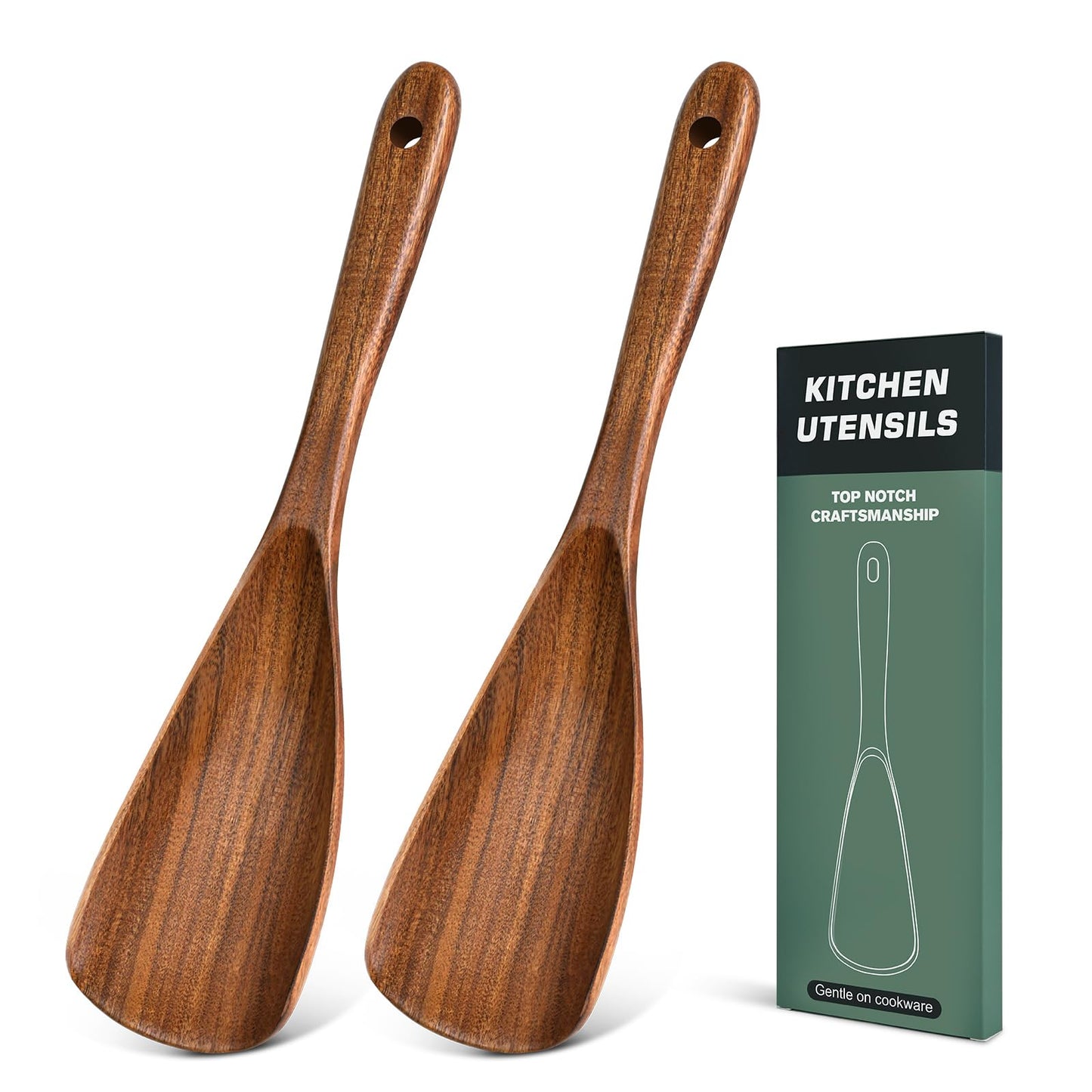 2Pcs Wooden Spatula Spoon, Multifunction Cooking Spoon for Nonstick Cookwares, Heat Resistant Acacia Wooden Spoon Spatula for Cooking, Mixing, Scooping, Scraping, BPA-Free, 11.6 x 2.8 Inch
