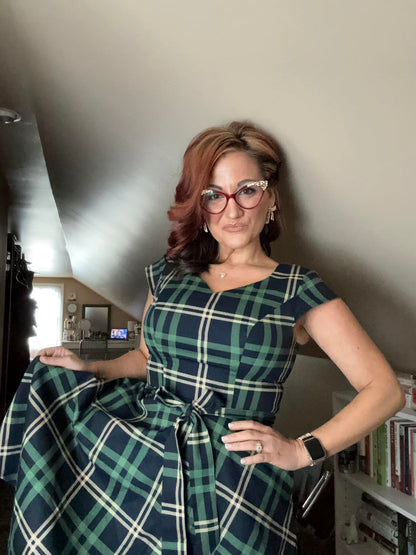 Kingfancy Women Vintage 1950s Dress Retro Cocktail Party Swing Dresses with Cap Sleeves Green Plaid M