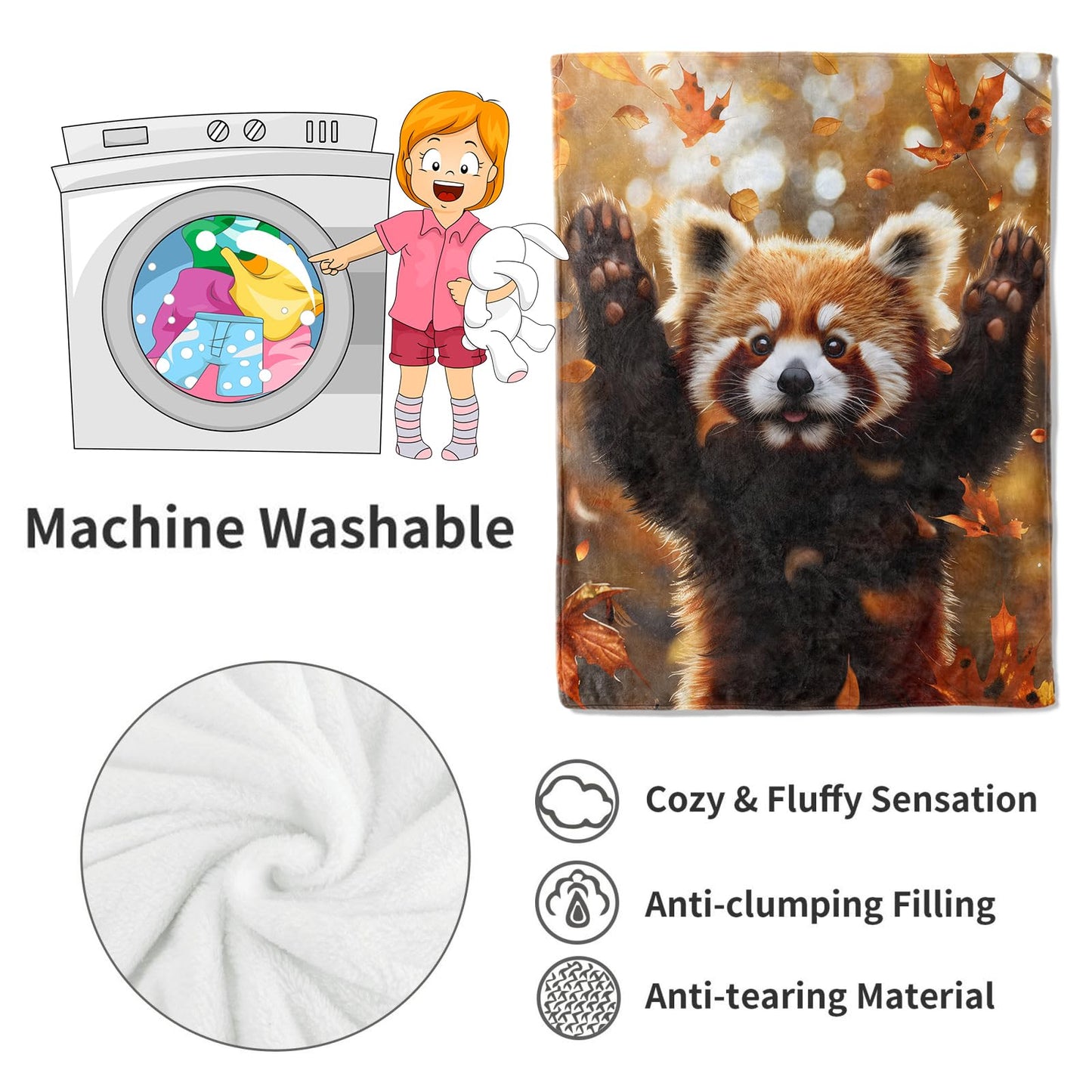 VODRM Red Panda Blanket Cute Autumn Leaves Fall Throw Blankets,Birthday Gifts for Kids Adult & Wildlife Fans,Lightweight Soft Fleece with Animal Lovers,for Sofa Couch Bed Room Decor 50x60in