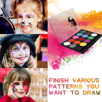 Senbos Face Paint Kit - 15 Vibrant Colors Non-Toxic Washable Makeup for Kids & Adults | Water-Based Halloween, Party, Cosplay | Includes 2 Brushes & Palette