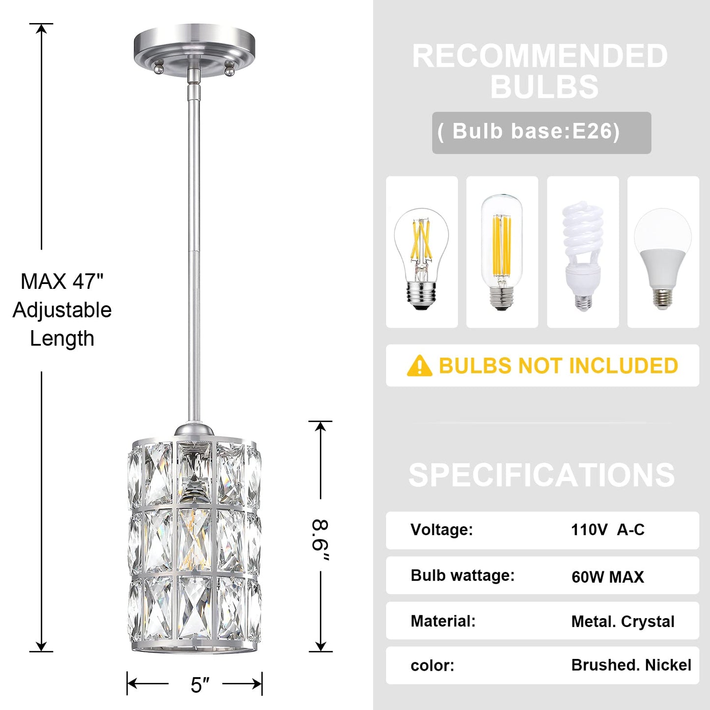 2 Pack 1 Light Hanging Kitchen Island 5" Crystal Pendant Light Modern Pendant Light Fixture Brushed Nickel Finish with Crystal Shade for Bar,Dining Room,Corridor,Living Room Over Sink