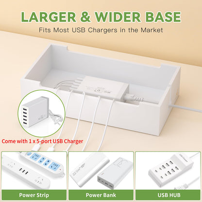 Pezin Hulin Multi Devices Charging Station, with USB Power Adapter HUB, and 6 Wire Cables - Cord Organizer Management, Cell Phone Charger Dock Stand, Desktop Cord Hider Box - Natural +White